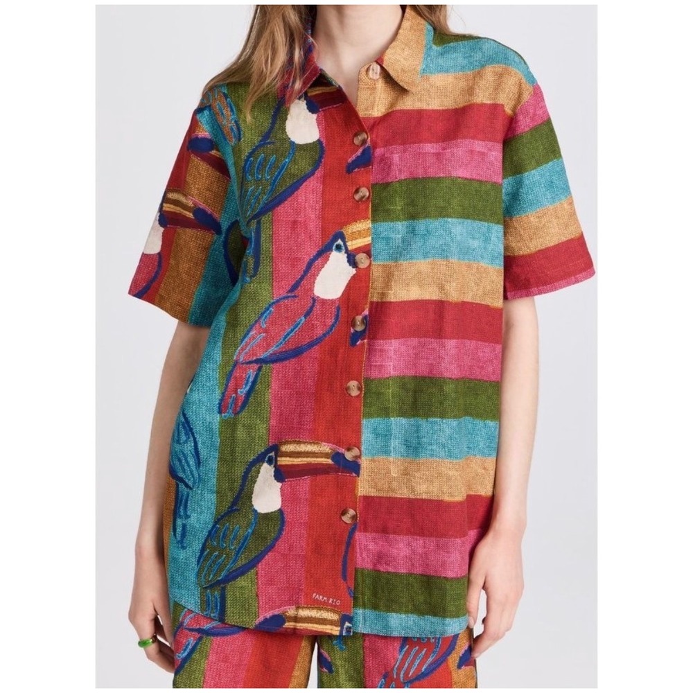 FARM Rio Linen Wonderful Toucans Button Down Blouse Top Tropical Whimsical S